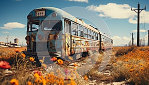 Old car and bus travel on abandoned railroad track generated by AI