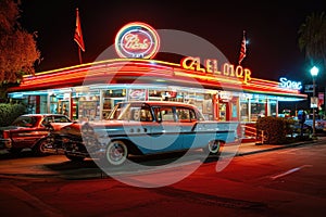 An old car from a bygone era sits parked in front of a retro diner, evoking a nostalgic Americana feel, A classic American diner