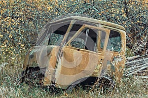 Old car cabin in Chernobyl close up