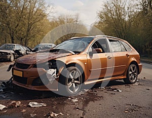 Old car damaged after an accident on the road