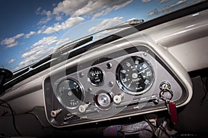 Old Car Dashboard. Retro British Auto Interior