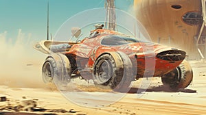 Old car drives fast at post apocalypses, view of vintage iron vehicle and futuristic buildings in desert. Concept of dystopia, photo