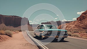 An old car driving down a desert road. AI generative image.