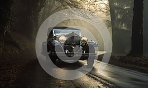an old car driving down a road in the foggy forest with trees on both sides of the road and fog on the road behind it