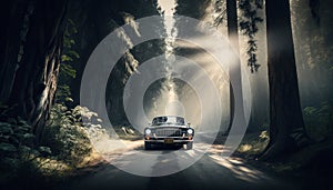 Old car driving on the road in the forest with fog and sunlight, Generative AI