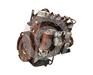 Old car engine isolated on white background. Rusty automotive engine.  Clipping path