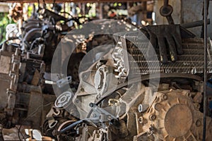 Old car engines in the garage