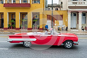HAVANA, CUBA - OCTOBER 21, 2017: Old Car in Havana, Cuba. Pannnig. Retro Vehicle Usually Using As A Taxi For Local People and Tour