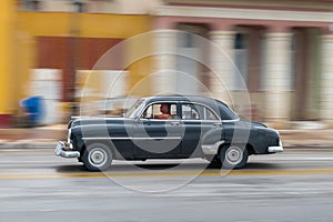 HAVANA, CUBA - OCTOBER 21, 2017: Old Car in Havana, Cuba. Pannnig. Retro Vehicle Usually Using As A Taxi For Local People and Tour