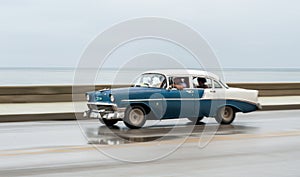 HAVANA, CUBA - OCTOBER 21, 2017: Old Car in Havana, Cuba. Pannnig. Retro Vehicle Usually Using As A Taxi For Local People and Tour