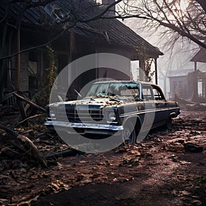 Old car parked by an abandoned house. AI-generated.