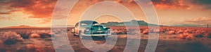 An old car is parked in the middle of the desert. Generative AI image.