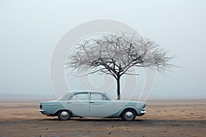 an old car parked next to a tree in the desert