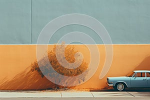 an old car parked next to a tree in front of an orange and blue wall