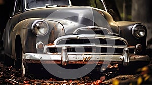 Old Car Parked in Pile of Leaves