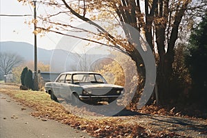 an old car parked on the side of a road