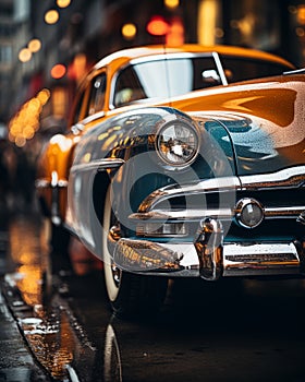 an old car is parked on the street at night