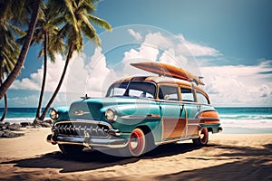 An old car parked on a tropical beach with a canoe on the roof