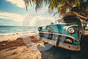 An old car parked on a tropical beach with a canoe on the roof