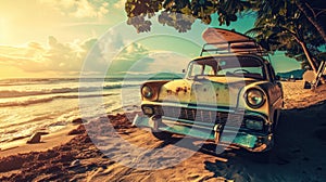 An old car parked on a tropical beach with a canoe on the roof