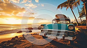 An old car parked on a tropical beach with a canoe on the roof