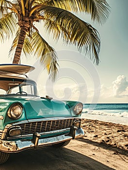 An old car parked on a tropical beach with a canoe on the roof