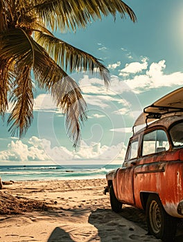 An old car parked on a tropical beach with a canoe on the roof