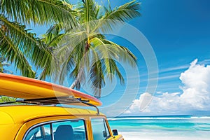 An old car parked on a tropical beach with a surfboard on the roof