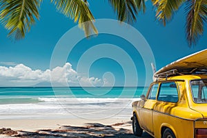 An old car parked on a tropical beach with a surfboard on the roof