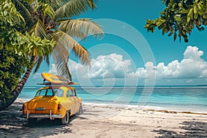 An old car parked on a tropical beach with a surfboard on the roof