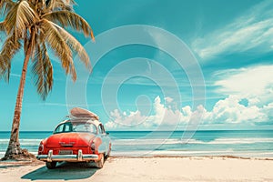 An old car parked on a tropical beach with a surfboard on the roof