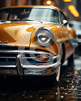 an old car parked on a wet street in the rain
