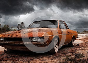 An old car in a post-apocalypse world.