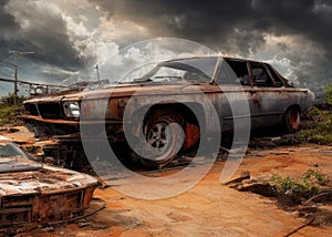 An old car in a post-apocalypse world.