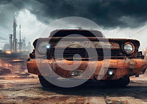 An old car in a post-apocalypse world.