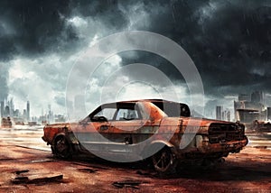 An old car in a post-apocalypse world.