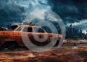 An old car in a post-apocalypse world.