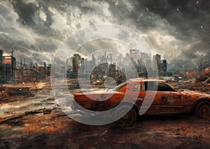 An old car in a post-apocalypse world.