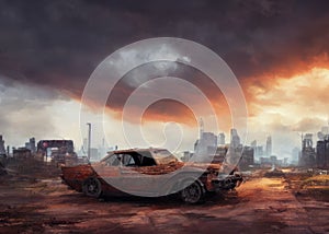 An old car in a post-apocalypse world.