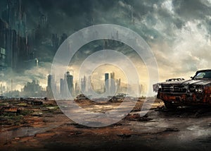 An old car in a post-apocalypse world.