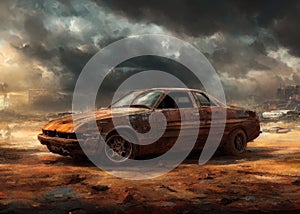 An old car in a post-apocalypse world.