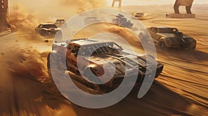 Old car race in desert at post apocalypses, vintage iron vehicle drive fast like fantasy movie. Concept of dystopia, speed, photo