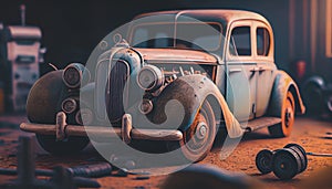 Old car repair garage, cinematic lighting, wallpaper. Vintage car inside the garage