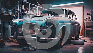 Old car repair garage, cinematic lighting, wallpaper. Vintage car inside the garage
