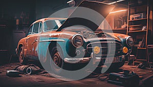 Old car repair garage, cinematic lighting, wallpaper. Vintage car inside the garage