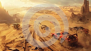 Old car run in desert at post apocalypses, view of vintage vehicles like futuristic movie. Concept of dystopia, race, sport, photo