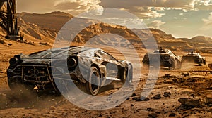 Old car run in desert at post apocalypses, view of vintage vehicles like futuristic movie. Concept of dystopia, race, steampunk, photo