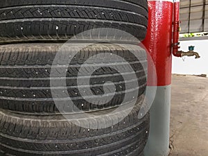 Old car tire pile in the garage.