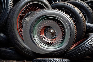 Old car tires, close-up. Auto service industry background. ai generated