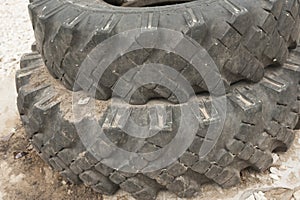 Old car tires from a KAMAZ truck in Russia